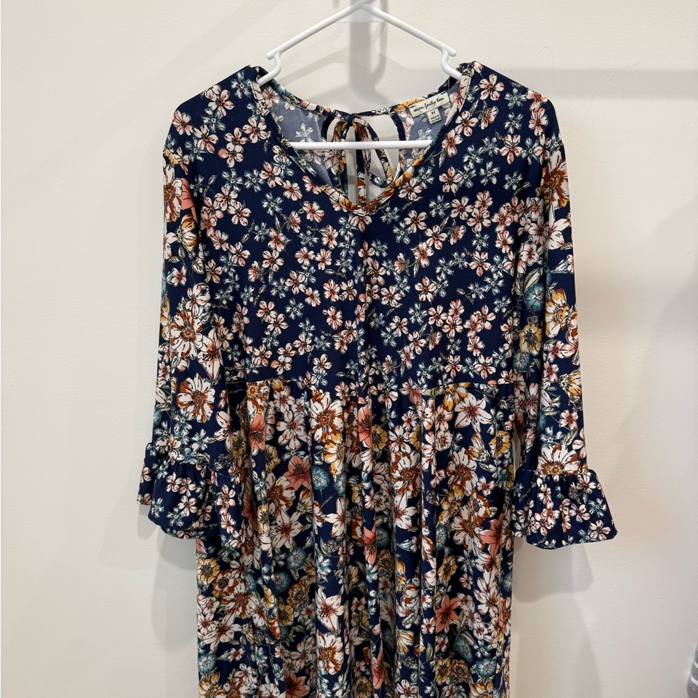 Navy Floral Babydoll Dress with Tie Back